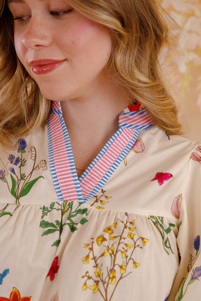 THML Floral Puff Sleeve Cotton Blouse- Women's Printed Cotton Top