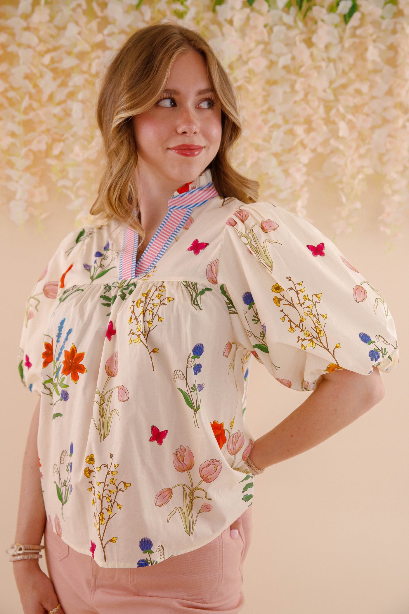 THML Floral Puff Sleeve Cotton Blouse- Women's Printed Cotton Top