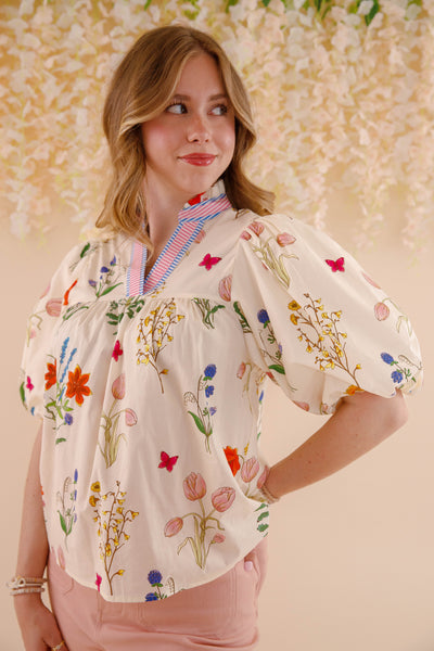 THML Floral Puff Sleeve Cotton Blouse- Women's Printed Cotton Top
