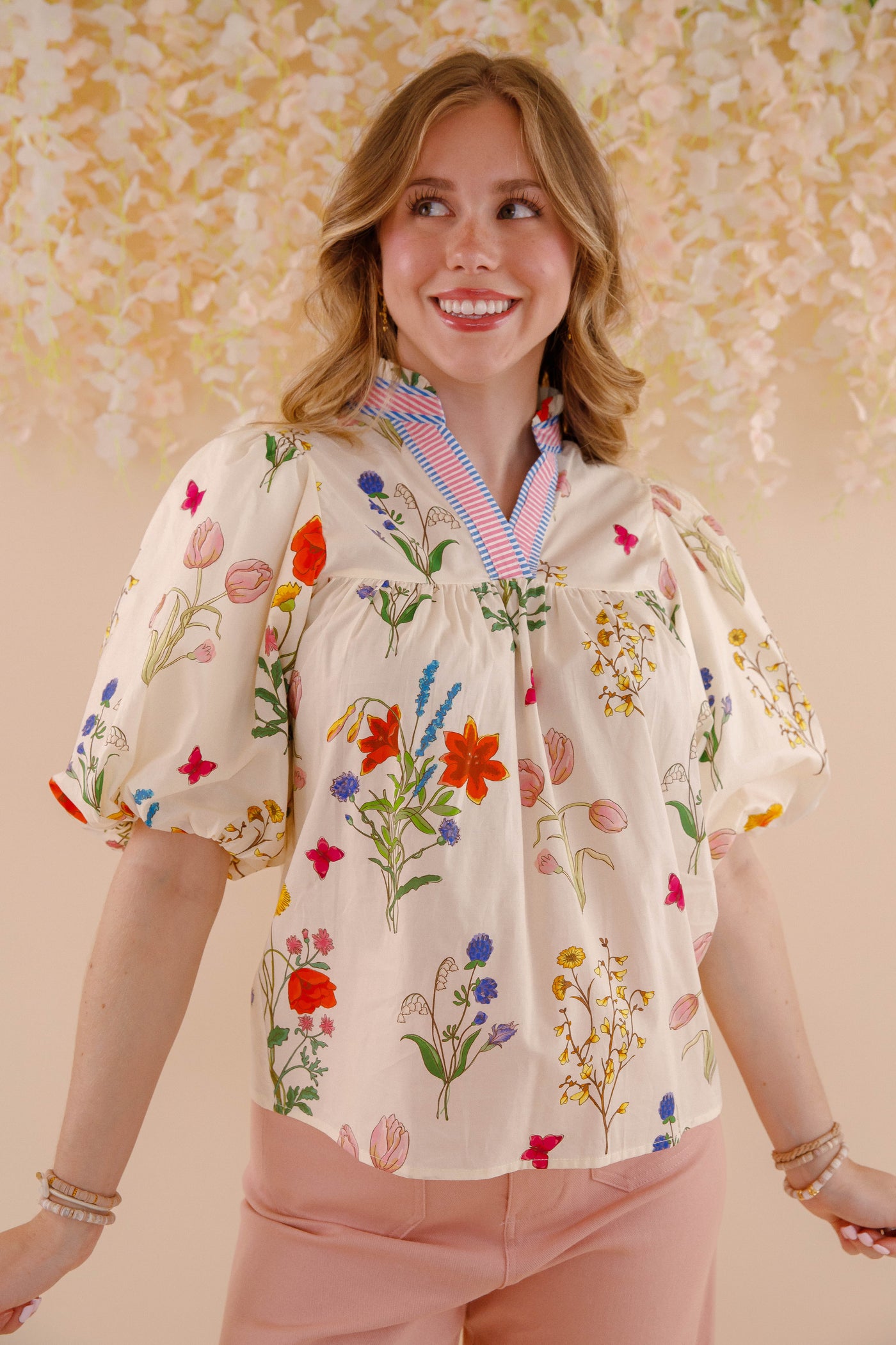 THML Floral Puff Sleeve Cotton Blouse- Women's Printed Cotton Top