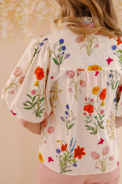 THML Floral Puff Sleeve Cotton Blouse- Women's Printed Cotton Top