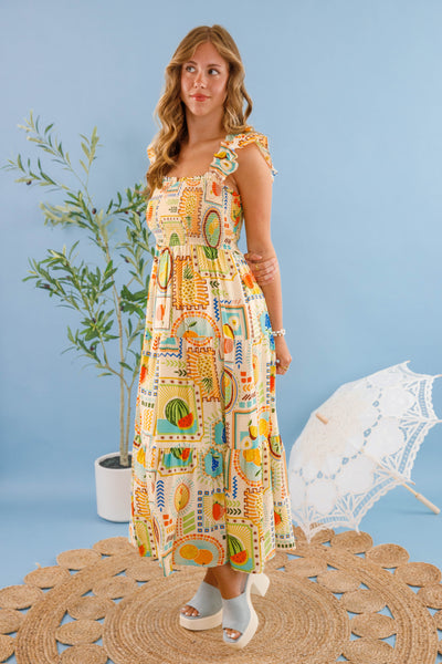 Women's Tropical Fruit Print Dress- Vibrant Summer Midi Dress- Perfect Vacation Dress