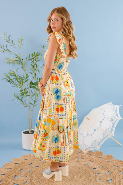 Women's Tropical Fruit Print Dress- Vibrant Summer Midi Dress- Perfect Vacation Dress