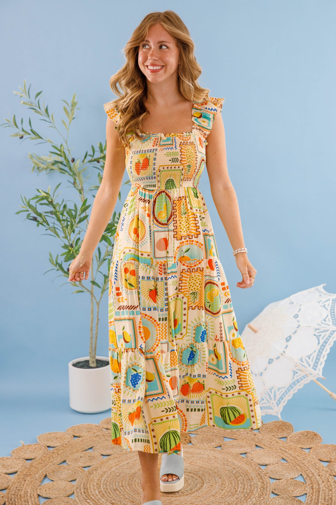 Women's Tropical Fruit Print Dress- Vibrant Summer Midi Dress- Perfect Vacation Dress