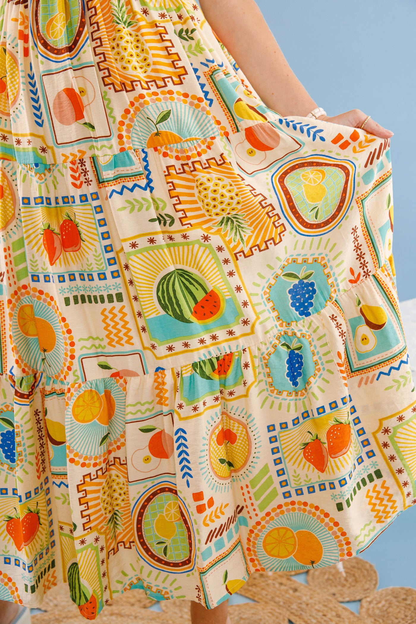 Women's Tropical Fruit Print Dress- Vibrant Summer Midi Dress- Perfect Vacation Dress