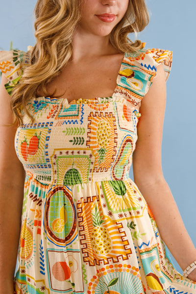 Women's Tropical Fruit Print Dress- Vibrant Summer Midi Dress- Perfect Vacation Dress