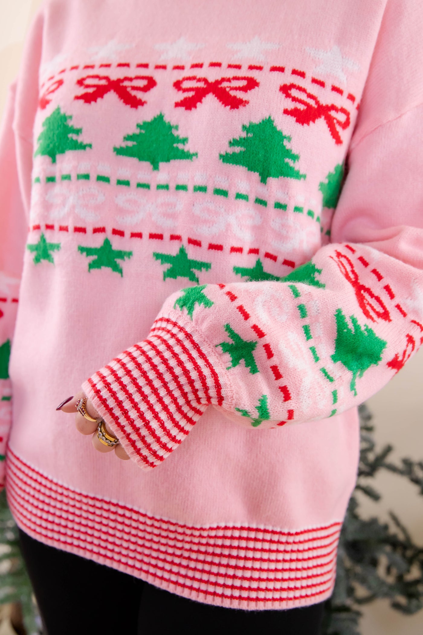 Festive Ribbed Sweater- Christmas Tree Bow Sweater- Women's Preppy Christmas Sweaters