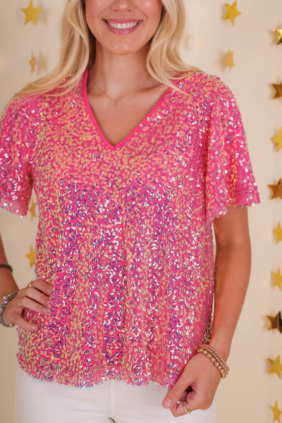 Pink Glitter Sequin Top- Women's Sequin Top- Jodifl Tops