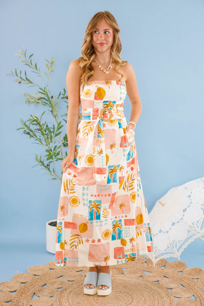 European Summer Style Dress- Women's Strapless Cotton Maxi Dress- Women's Mediterranean Style Dress