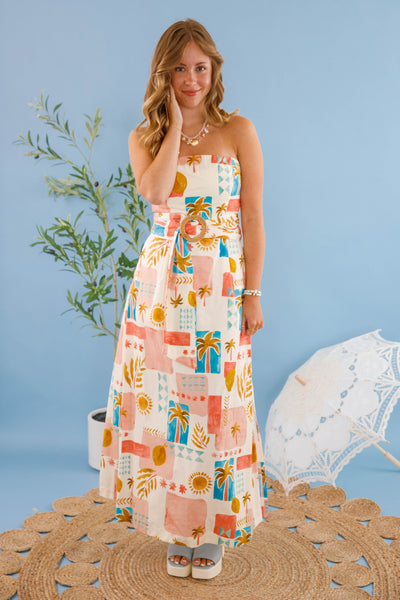 European Summer Style Dress- Women's Strapless Cotton Maxi Dress- Women's Mediterranean Style Dress