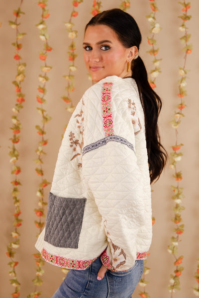 Ivory Quilted Jacket with Embroidery and Ribbon Trim- Women's Oversized POL Quilted Jacket- FreePeople Dupe Jacket