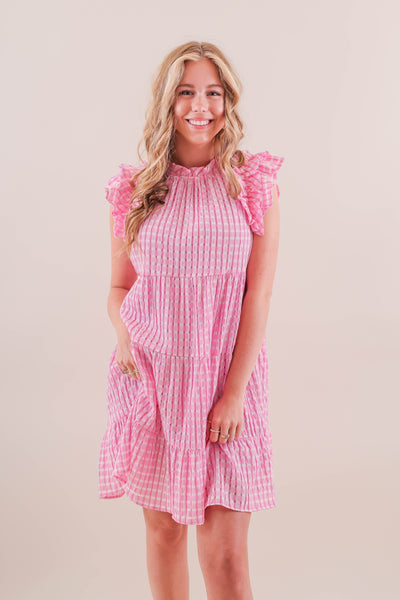 Women's Pink Gingham Dress- Women's Pink and White Seersucker Dress- Entro Dresses