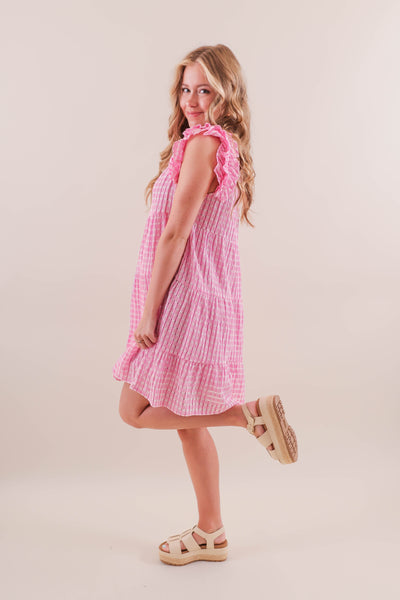 Women's Pink Gingham Dress- Women's Pink and White Seersucker Dress- Entro Dresses