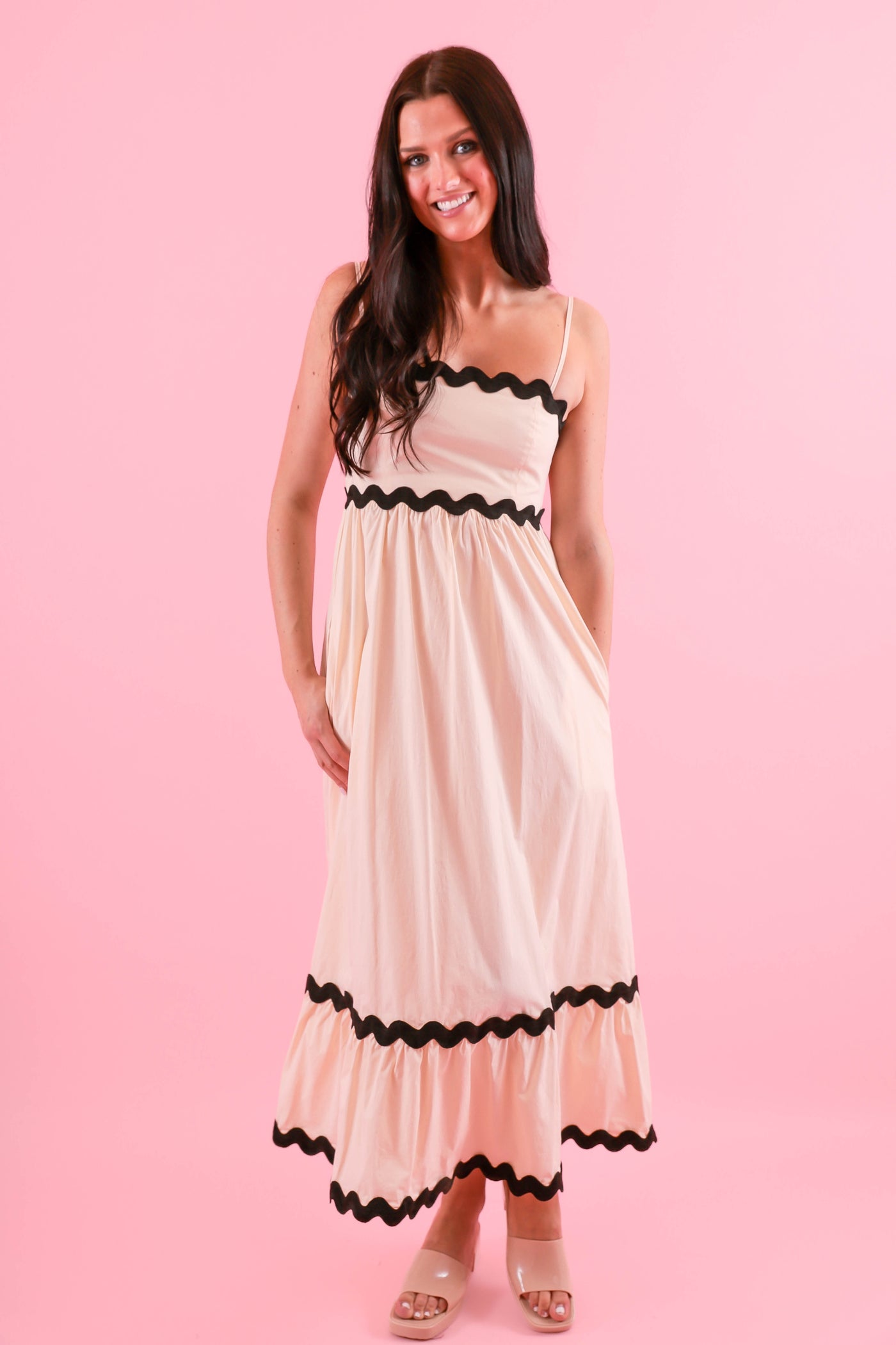 Beige Midi Dress with Black Rick Rack Trim- Beige Cotton Midi Dress