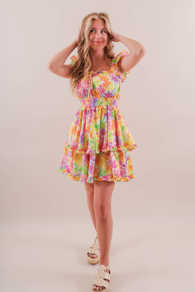 Bright Colorful Print Dress- Women's Mini Ruffle Bright Dress- &Merci Dresses