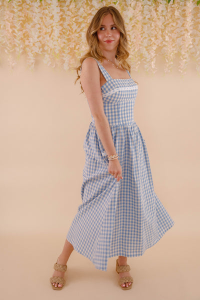 Women's Blue and White Gingham Maxi Dress- Women's Gingham Sundress