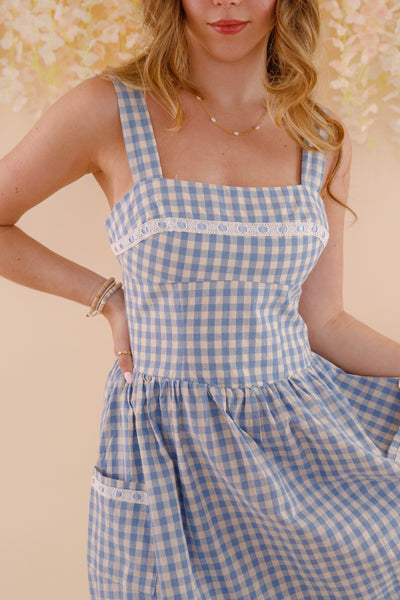 Women's Blue and White Gingham Maxi Dress- Women's Gingham Sundress