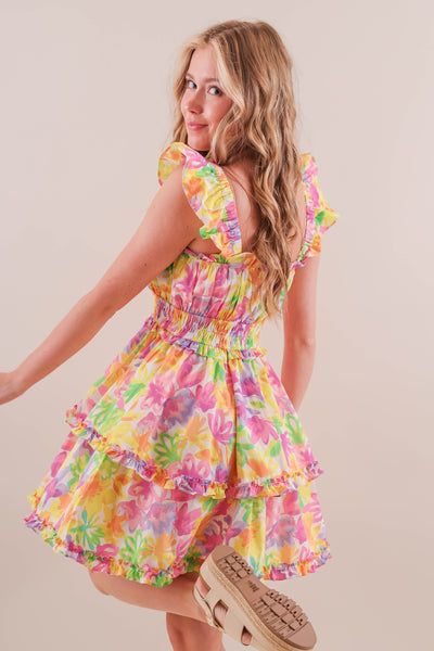 Bright Colorful Print Dress- Women's Mini Ruffle Bright Dress- &Merci Dresses