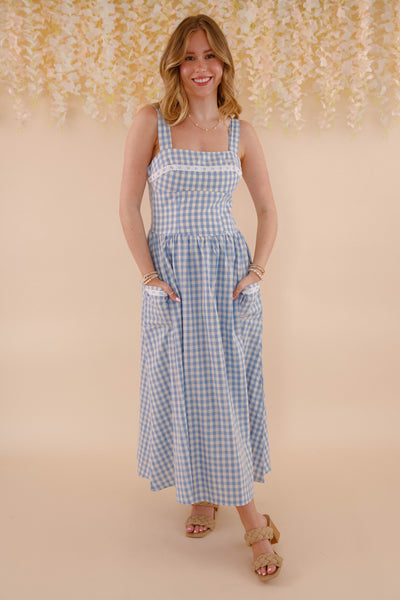 Women's Blue and White Gingham Maxi Dress- Women's Gingham Sundress