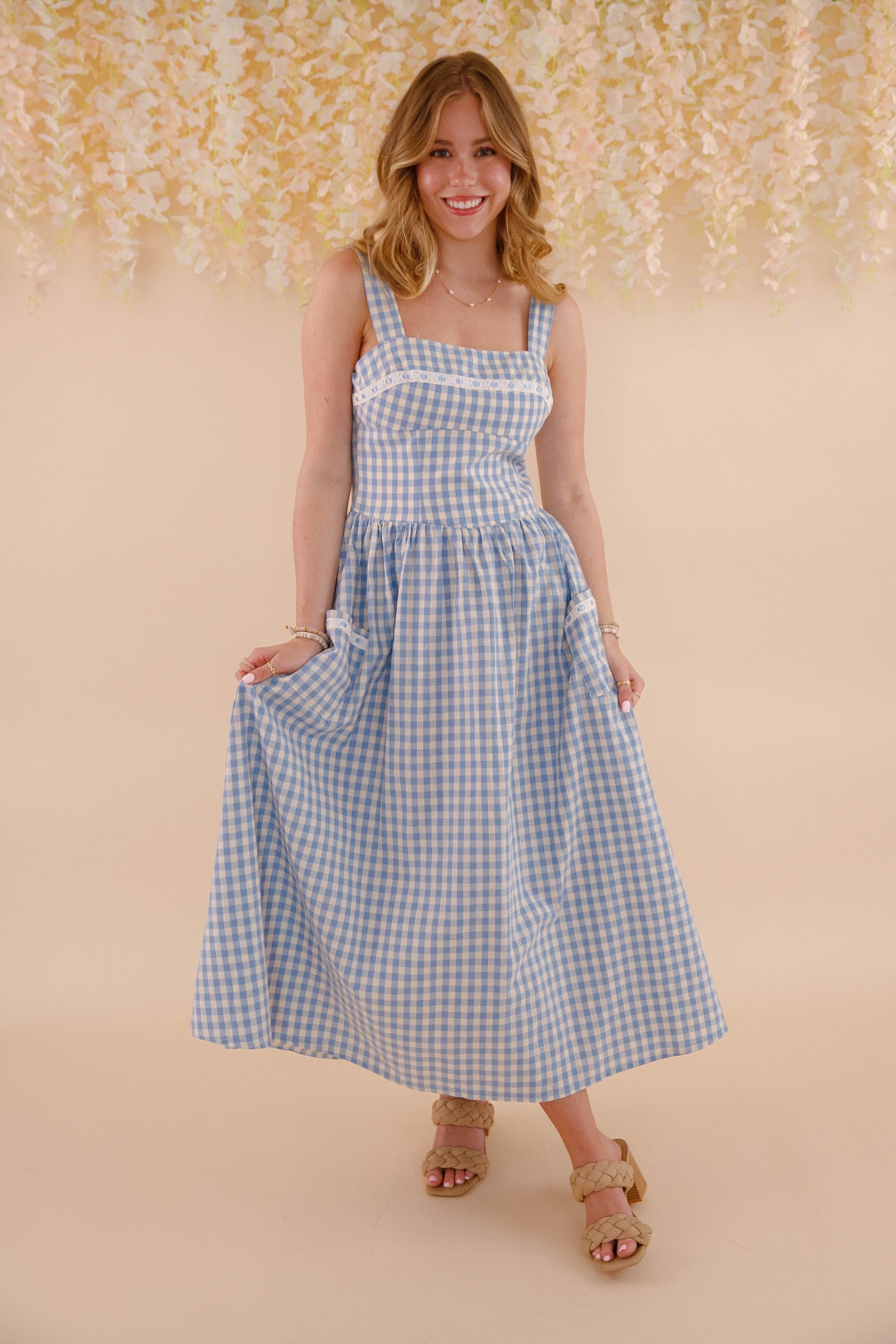 Women's Blue and White Gingham Maxi Dress- Women's Gingham Sundress