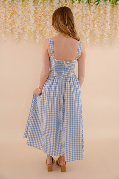 Women's Blue and White Gingham Maxi Dress- Women's Gingham Sundress