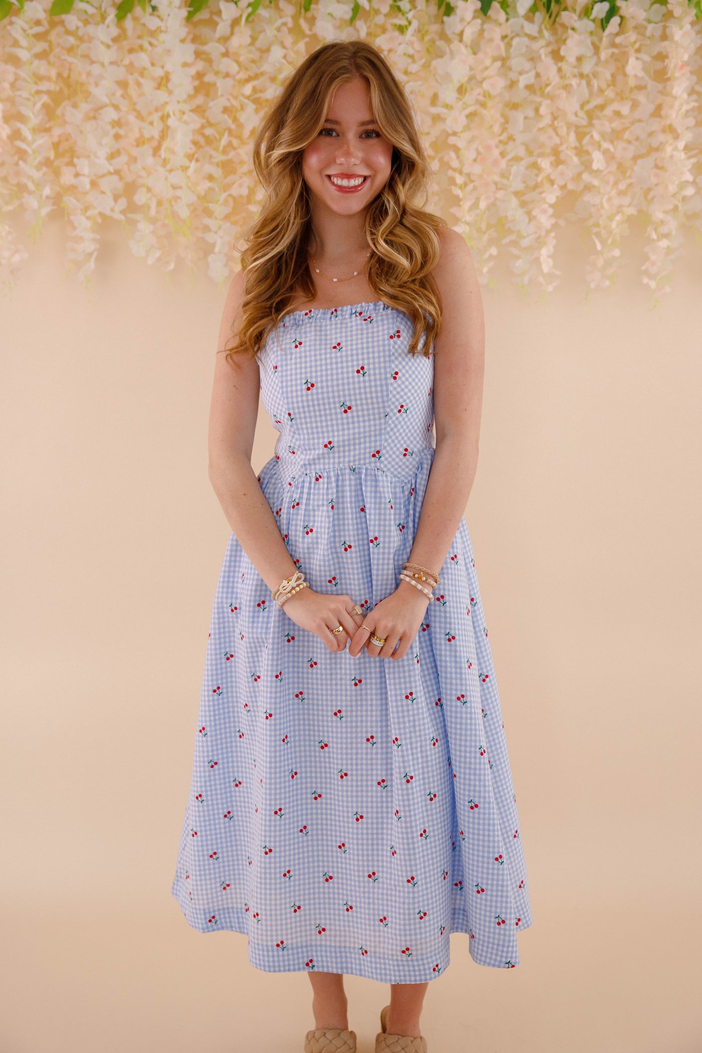 Cherry Print Gingham Dress- Women's Blue and White Gingham Midi Dress- &Merci Dresses