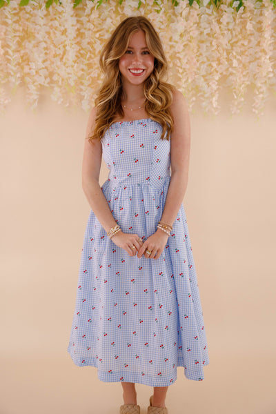 Cherry Print Gingham Dress- Women's Blue and White Gingham Midi Dress- &Merci Dresses
