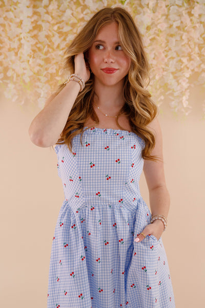 Cherry Print Gingham Dress- Women's Blue and White Gingham Midi Dress- &Merci Dresses