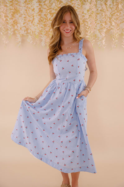 Cherry Print Gingham Dress- Women's Blue and White Gingham Midi Dress- &Merci Dresses
