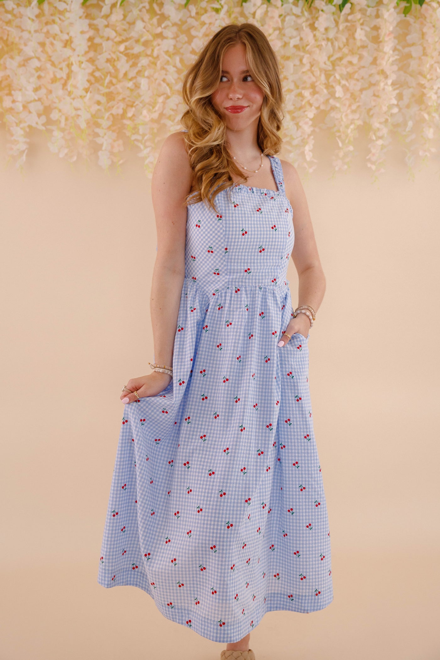 Cherry Print Gingham Dress- Women's Blue and White Gingham Midi Dress- &Merci Dresses