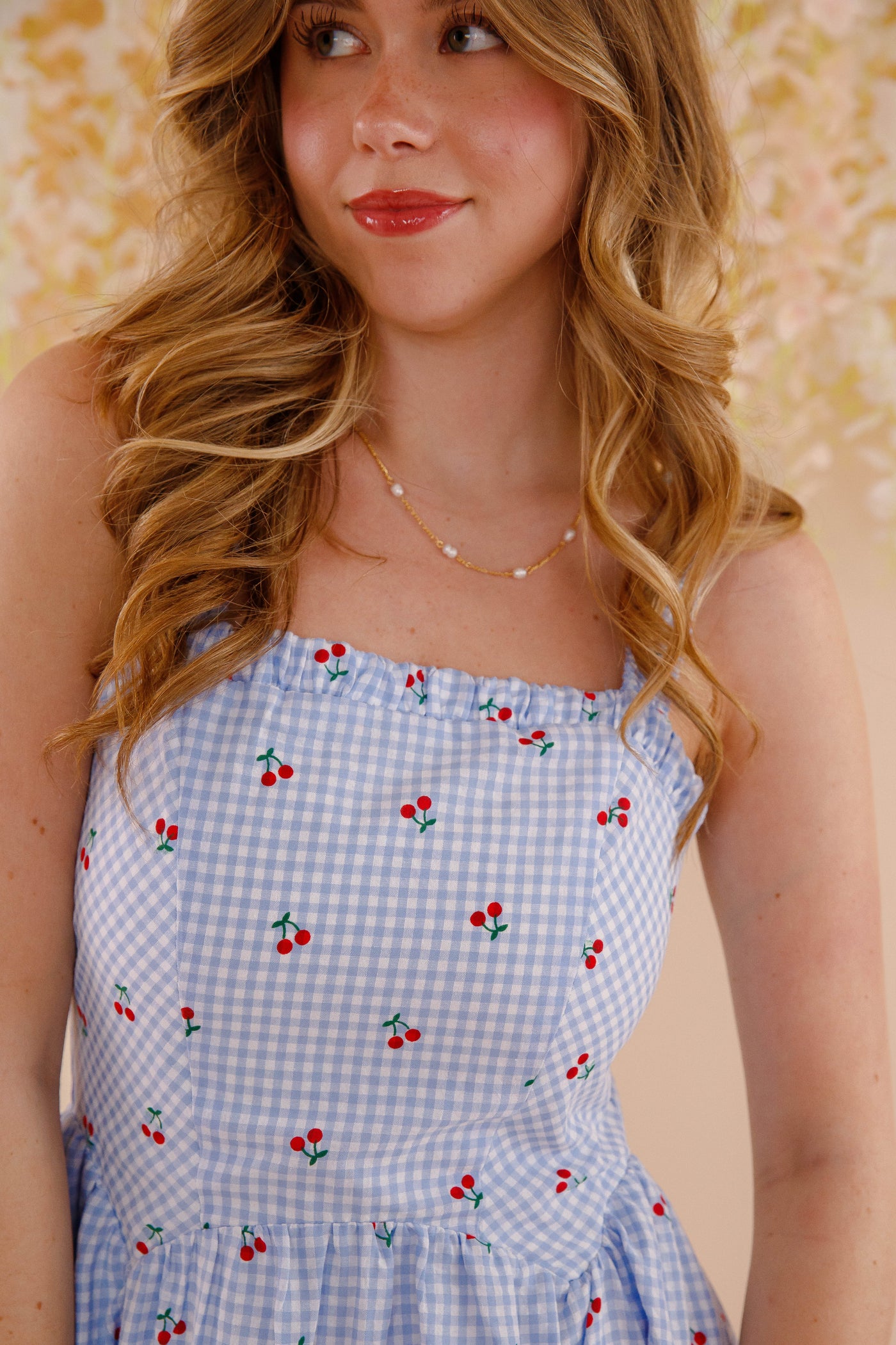 Cherry Print Gingham Dress- Women's Blue and White Gingham Midi Dress- &Merci Dresses