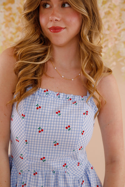Cherry Print Gingham Dress- Women's Blue and White Gingham Midi Dress- &Merci Dresses