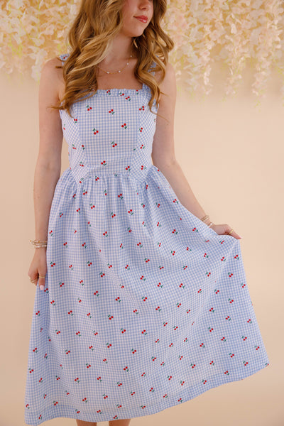 Cherry Print Gingham Dress- Women's Blue and White Gingham Midi Dress- &Merci Dresses