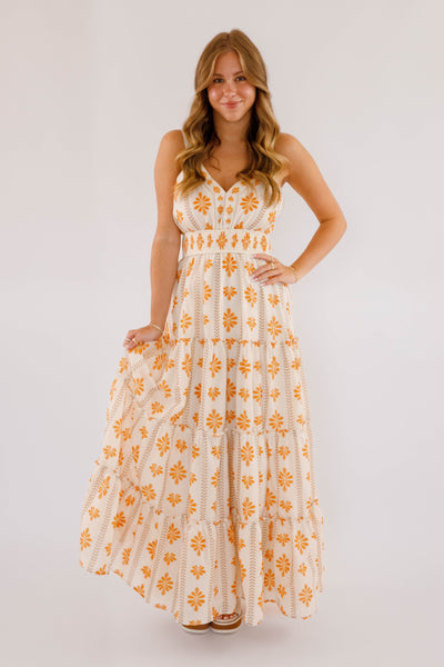 Orange Printed Maxi Dress- Women's Resort Wear- Flying Tomato Maxi Dress