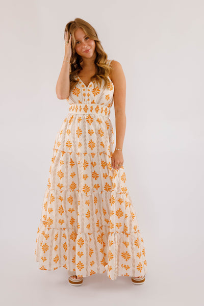Orange Printed Maxi Dress- Women's Resort Wear- Flying Tomato Maxi Dress