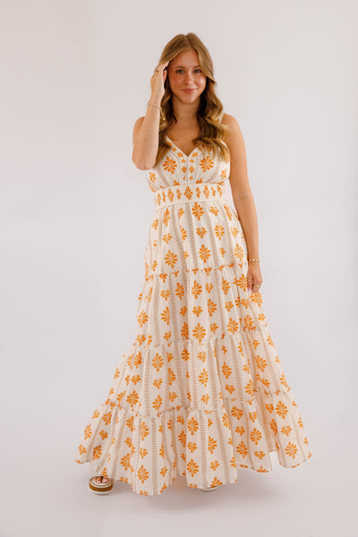 Orange Printed Maxi Dress- Women's Resort Wear- Flying Tomato Maxi Dress