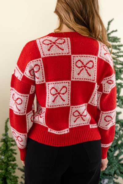 Checked Bow Sweater- Red Bow Sweater- 