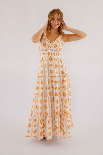 Orange Printed Maxi Dress- Women's Resort Wear- Flying Tomato Maxi Dress