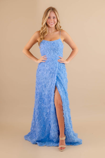 Blue 3D Flower Maxi Dress- Women's Formal Blue Long Dress- Rosette Maxi Dress