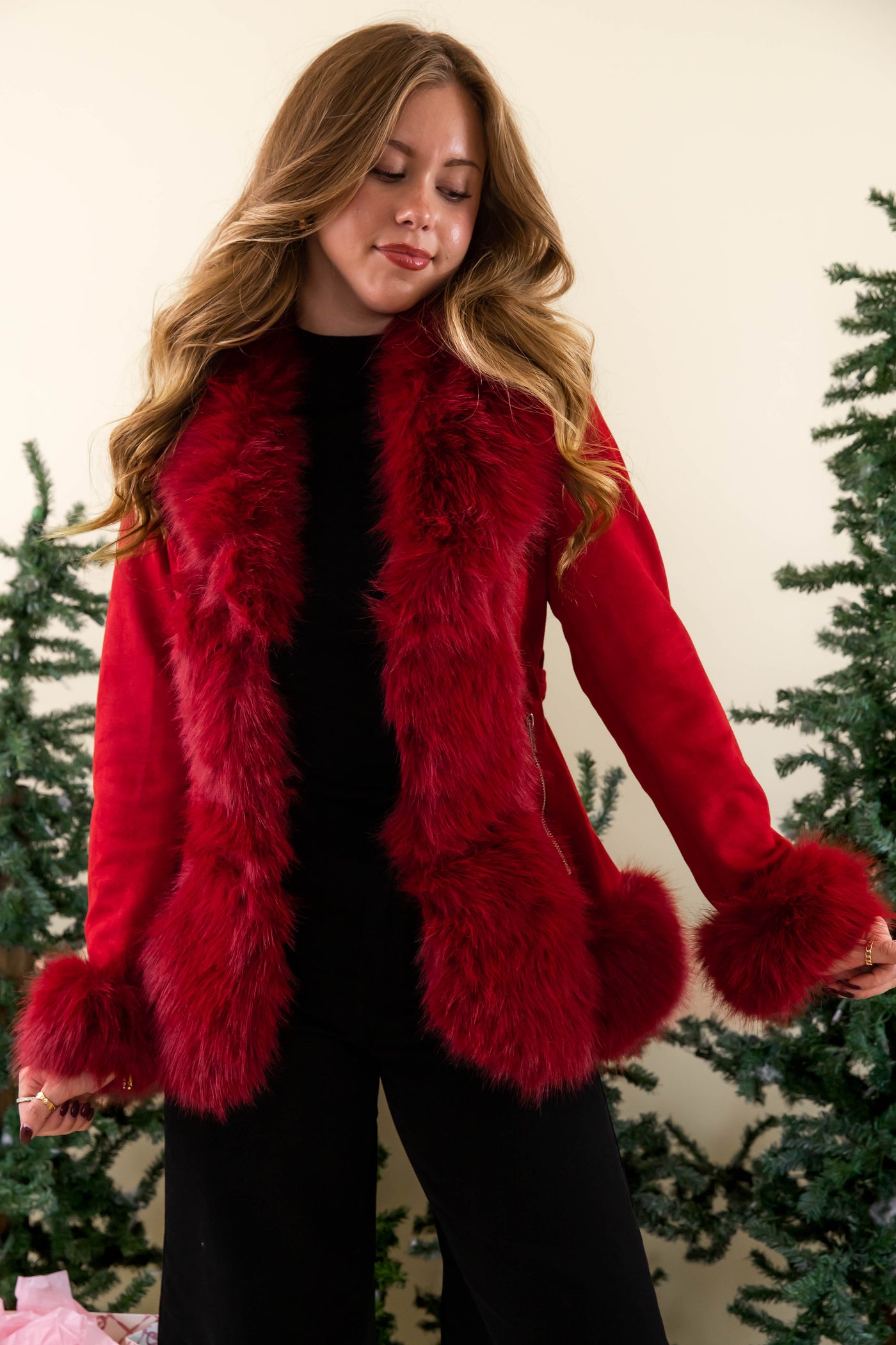 Red Suede Fur Coat- Women's Red Coat with Fur- Coalition Red Fur Jacket