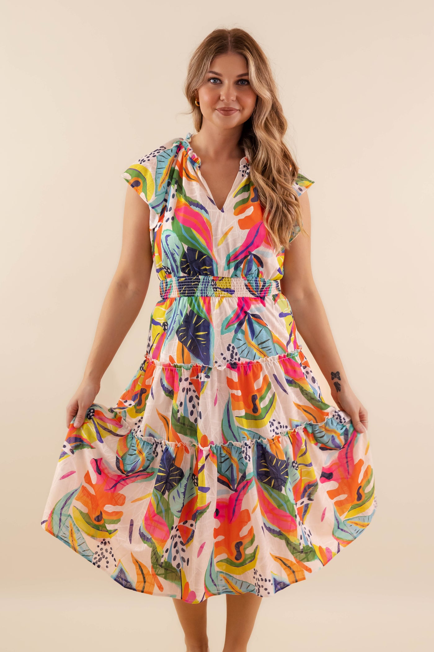 Multi-Color Leaf Print Midi Dress- Women's Vacation Dresses- Umgee Midi Dress