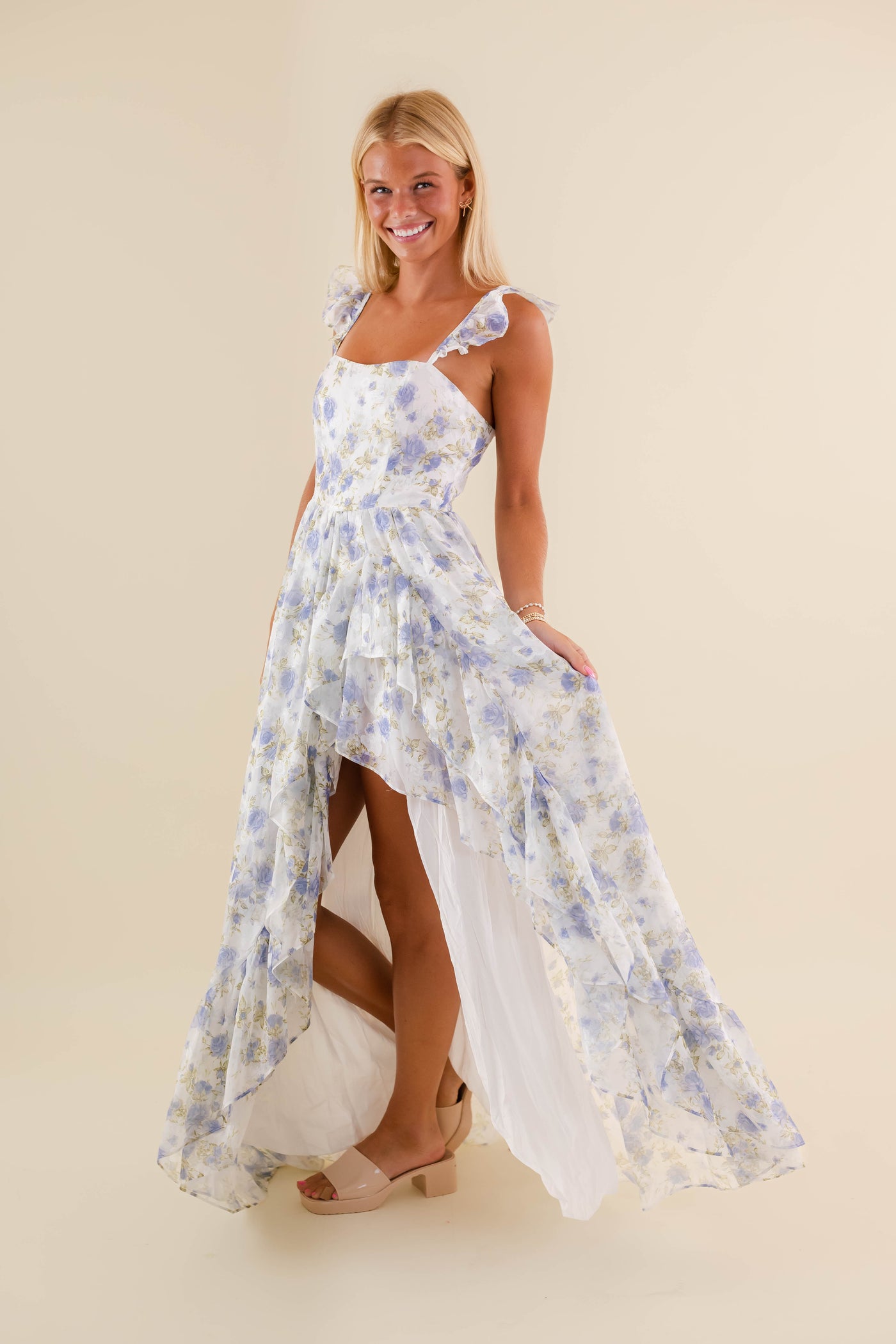 Blue Rose Printed Dress-High-Low Maxi Dress- Storia Floral Print Dress