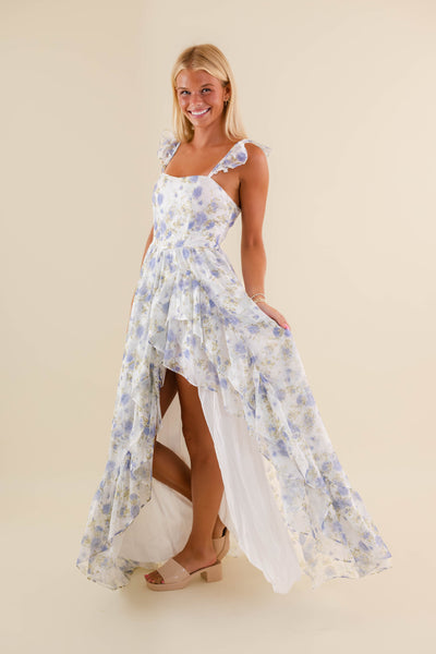 Blue Rose Printed Dress-High-Low Maxi Dress- Storia Floral Print Dress