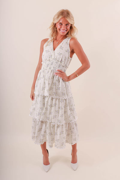 Dainty Floral and Lace Midi Dress- Women's Cottage-Core Dress- TCEC Lace Midi Dress