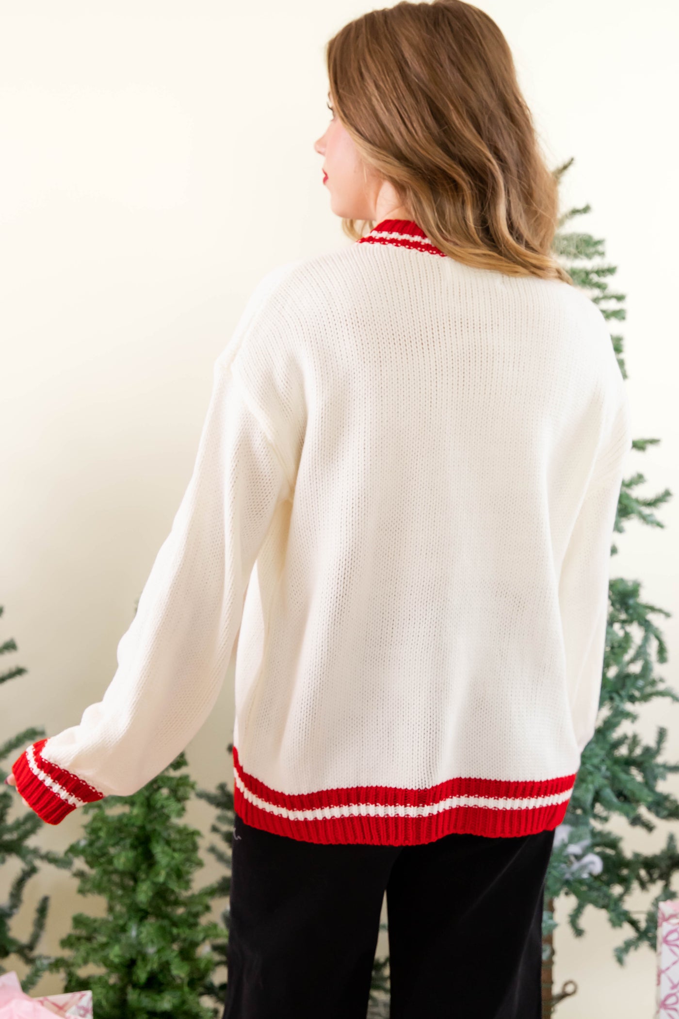 Classic Red Bow Christmas Tree Sweater- Elegant Christmas Tree Sweater- Main Strip Christmas Sweater