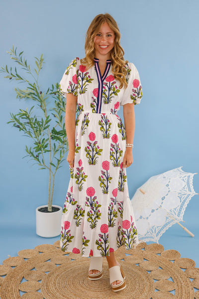 Women's White Printed Dress- THML Midi Dress- Women's Anthro Midi Dress