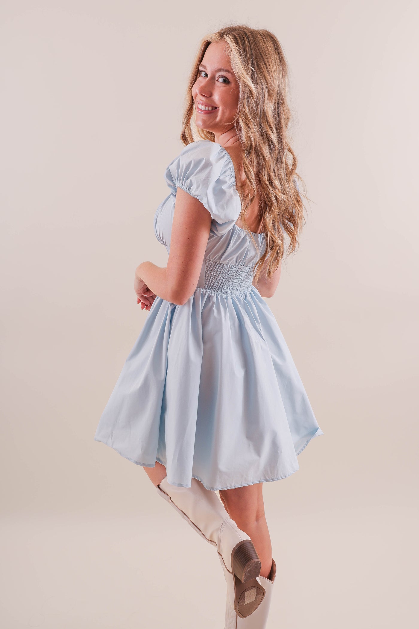 Baby Blue Corset Style Dress- Women's Puff Sleeve Corset Dress- Mable Dresses