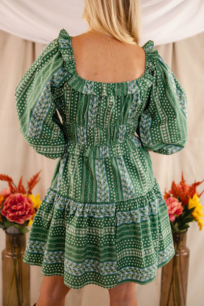 Green Printed Floral Dress- Women's Fall Dresses- Entro Green Print Dress