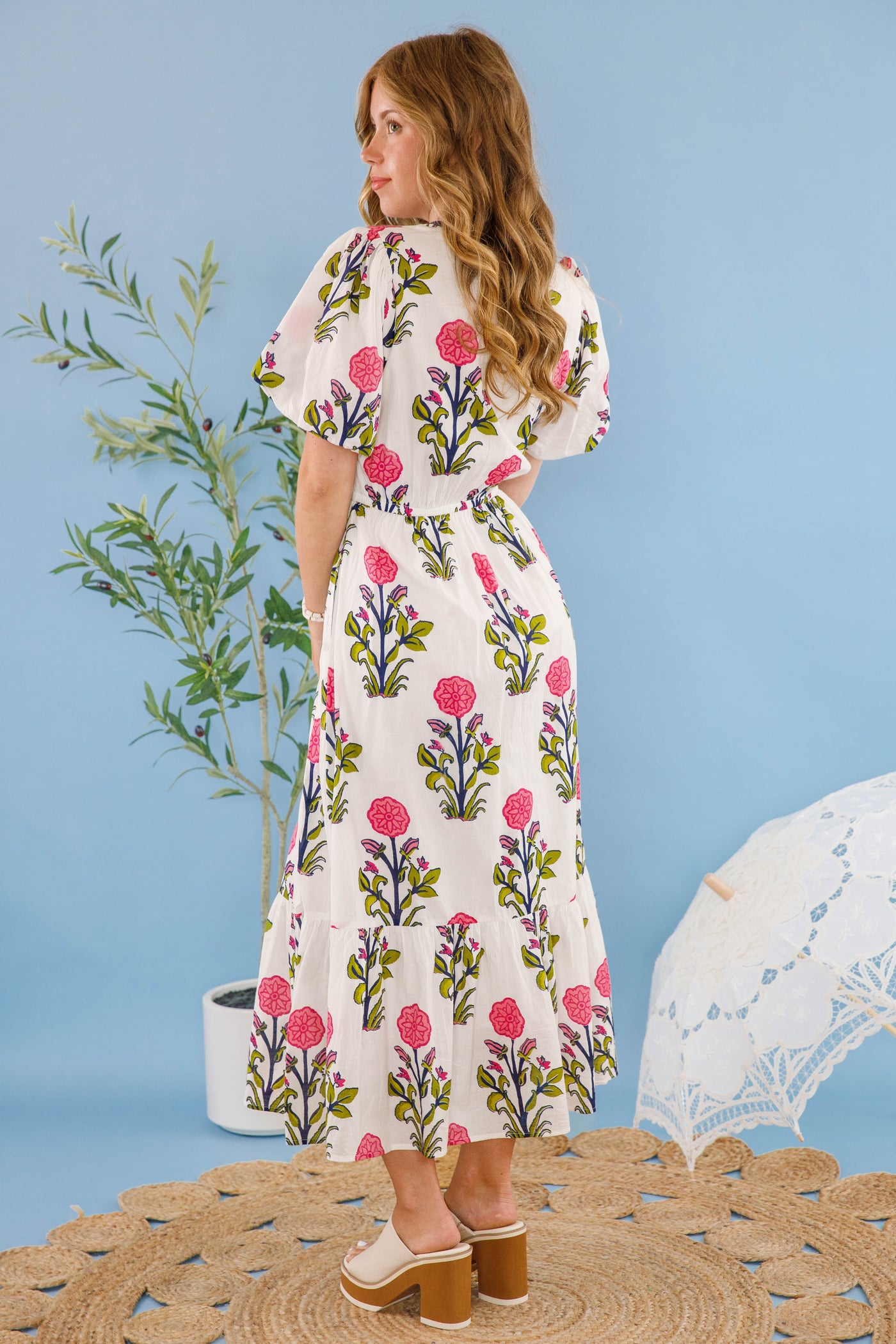 Women's White Printed Dress- THML Midi Dress- Women's Anthro Midi Dress