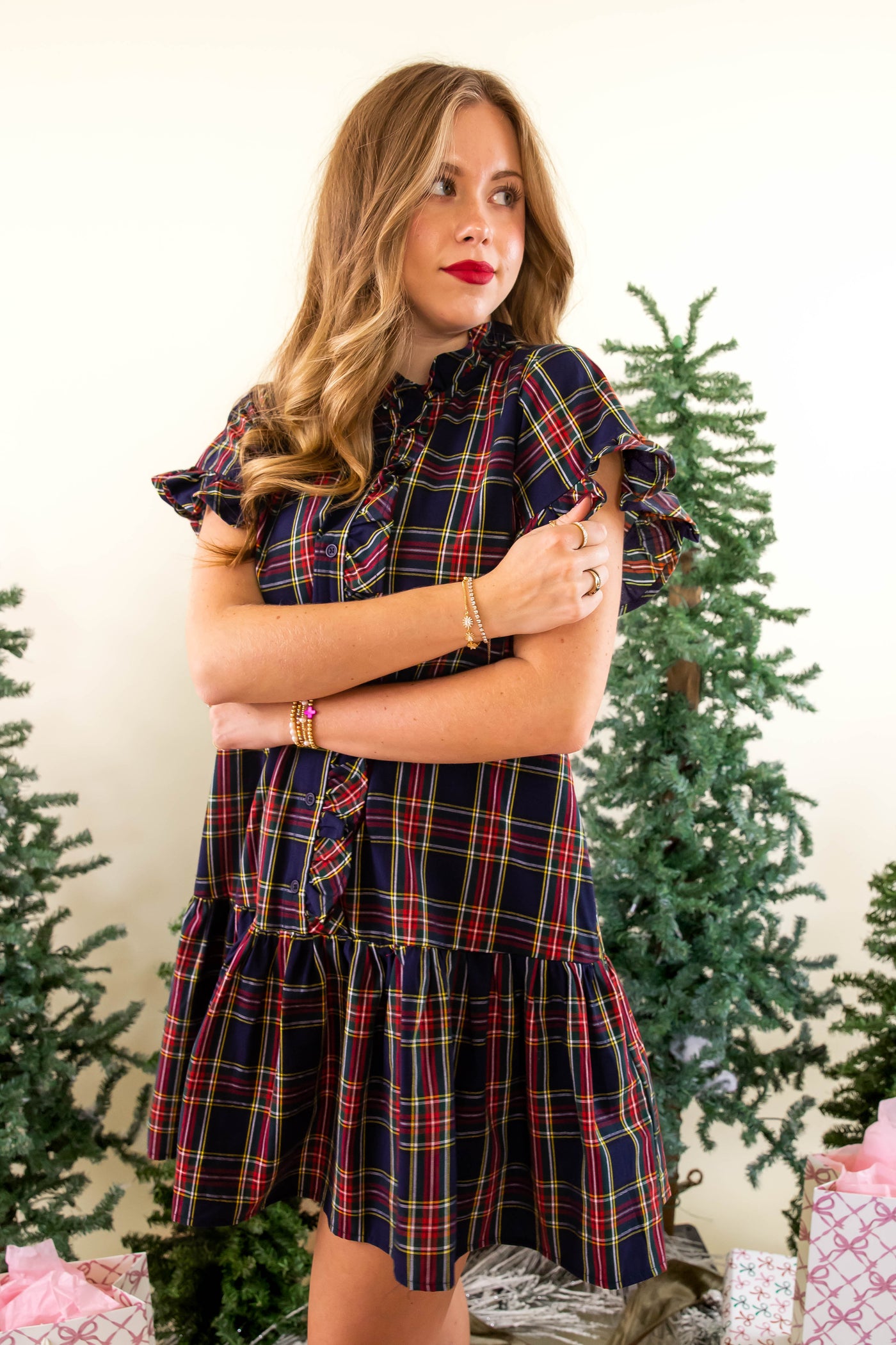 Navy Tartan Dress- Classic Tartan Ruffled Dress- Entro Plaid Dress